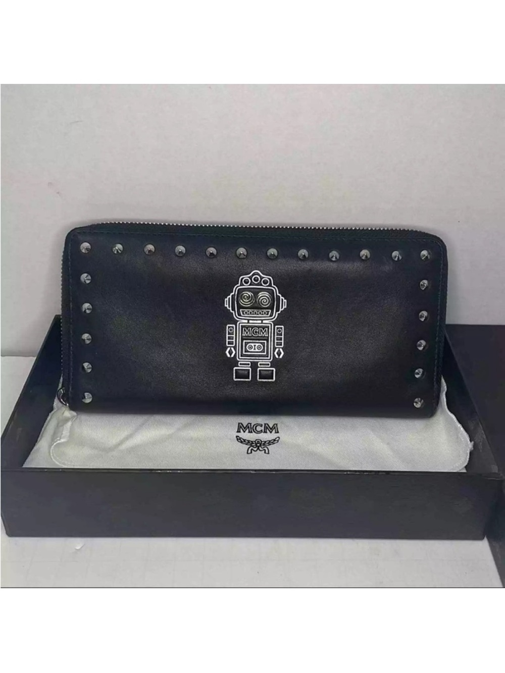 MCM "Roboter" Robot Studded Black Leather Zip Long Wallet with Dust Bag & Box